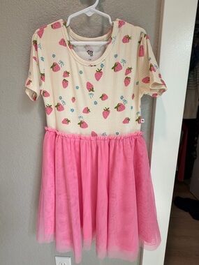 Girls Cream Strawberry Print Top with Pink Tulle Skirt Dress by